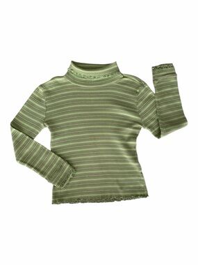 Striped Green & Gold Ribbed Turtleneck Lightweight Ruffles Long Sleeves Girls